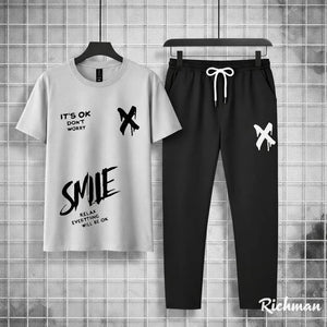 Men Printed Graphic Track Suit Grey Black Cotton Summer Sale
