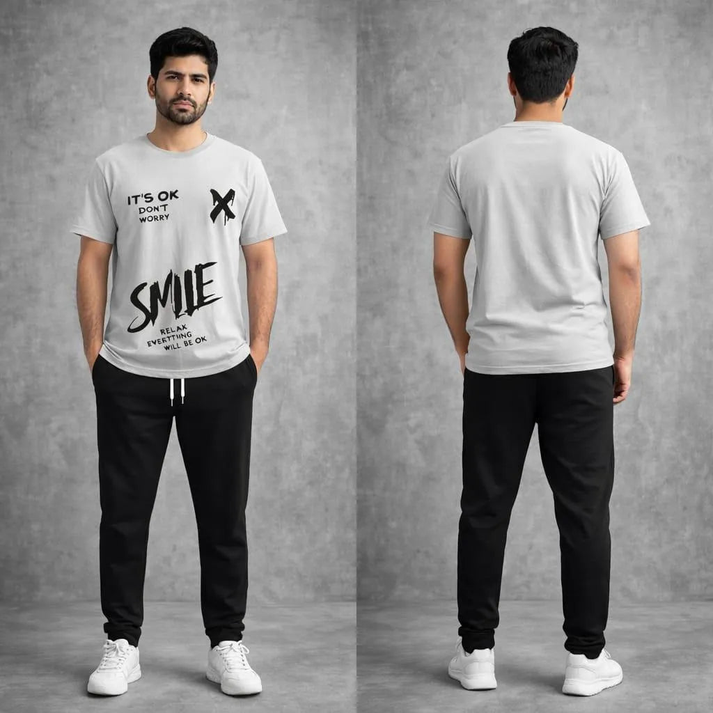 Men Printed Graphic Track Suit Grey Black Cotton Summer Sale