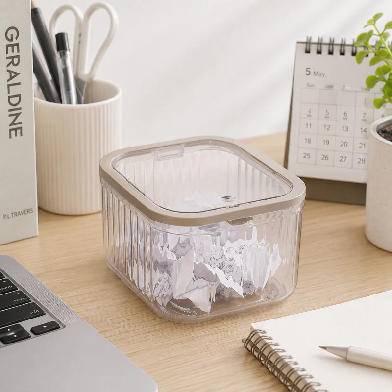 Transparent Plastic Desktop Trash Bin – Mini Tabletop Waste Basket for Office, Bedroom, Kitchen & Makeup Desk