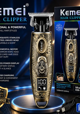 Kemei KM-3298 Professional Hair Clipper – 1200mAh Rechargeable Trimmer with LCD Display, Stainless Steel Blade & Engraved Metal Body
