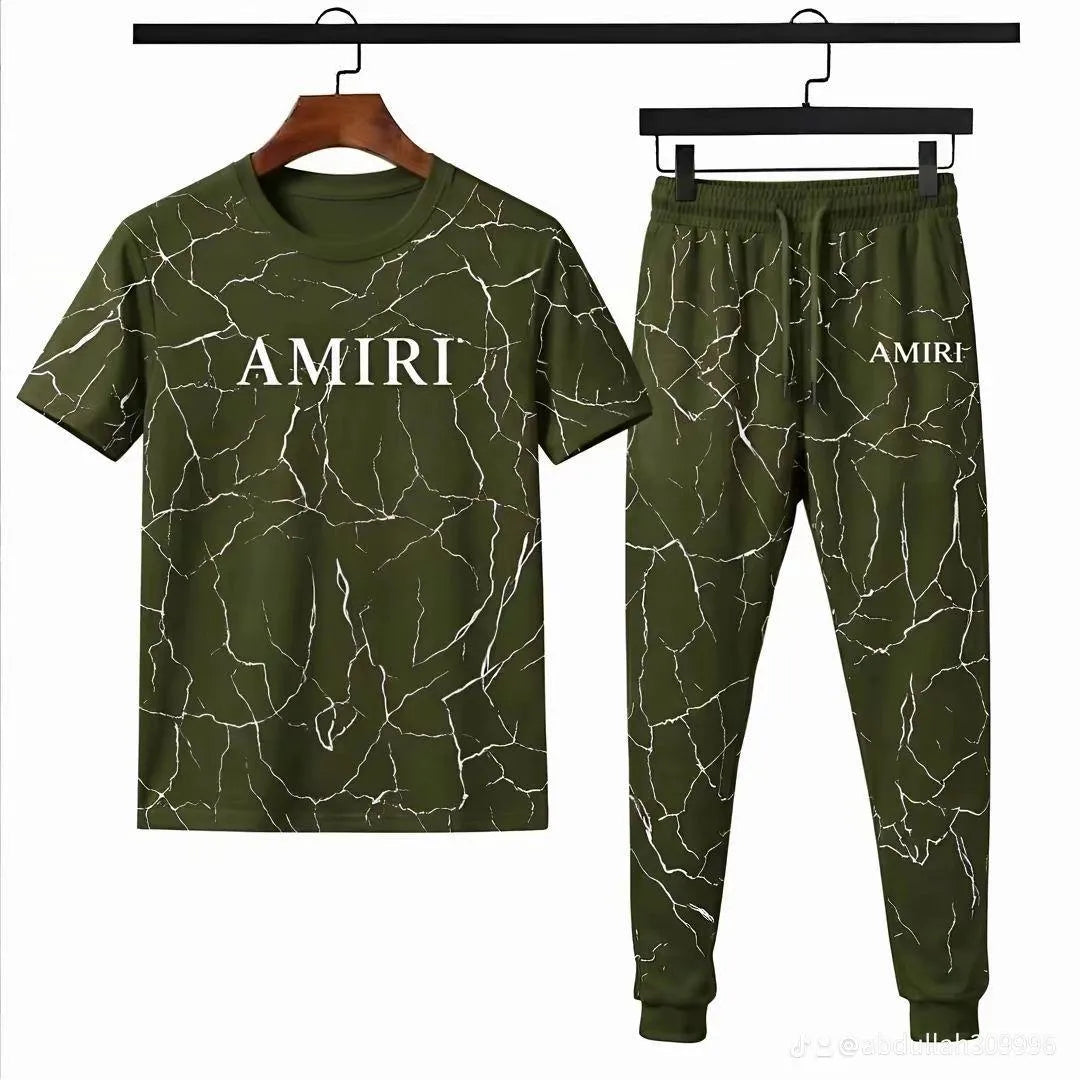 Men Camo Amirt Printed Track Suit Olive Green