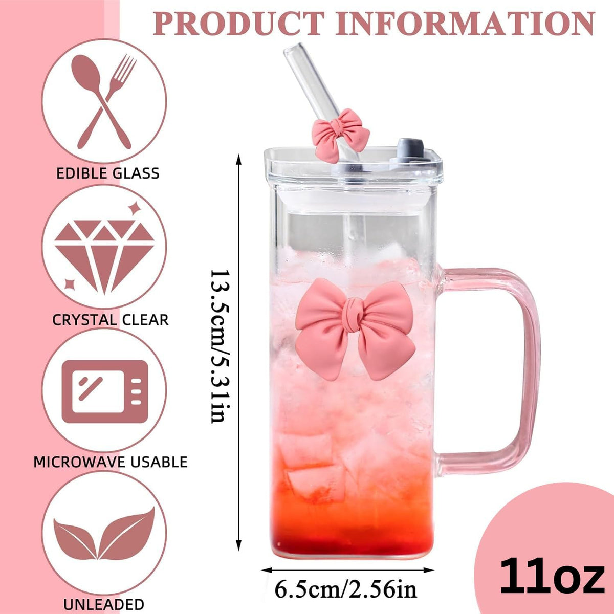 FUNKYFINDS Pink Cute Bow Square Glass Cup with Lid and Straw, Pink Glass Tumbler with Handle Bow Knot Transparent Drinking Glasses for Juice, Iced Coffee, Milk, and Tea Girl Birthday Gifts (Set of 1)