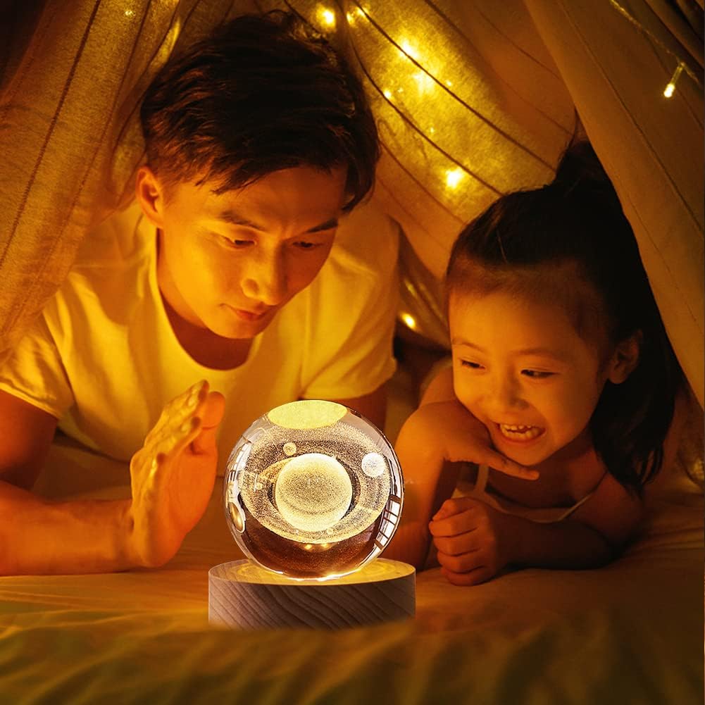 Crystal Ball LED Lamp – 3D Crystal Night Light with Wooden Base USB Rechargeable Home Decor Lamp
