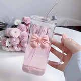 FUNKYFINDS Pink Cute Bow Square Glass Cup with Lid and Straw, Pink Glass Tumbler with Handle Bow Knot Transparent Drinking Glasses for Juice, Iced Coffee, Milk, and Tea Girl Birthday Gifts (Set of 1)