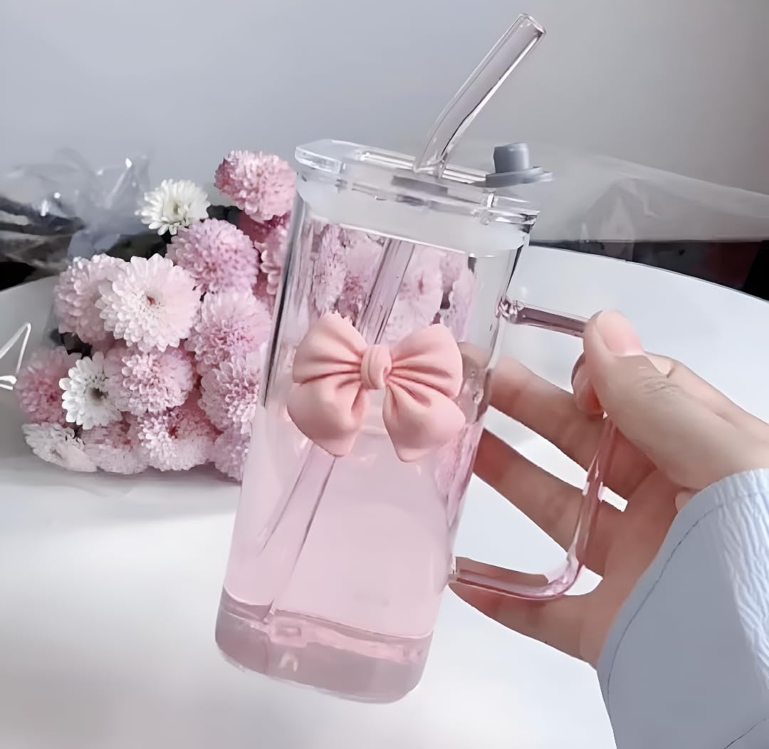 FUNKYFINDS Pink Cute Bow Square Glass Cup with Lid and Straw, Pink Glass Tumbler with Handle Bow Knot Transparent Drinking Glasses for Juice, Iced Coffee, Milk, and Tea Girl Birthday Gifts (Set of 1)