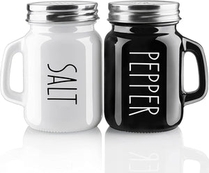 KITOME Salt and Pepper Shakers Set – Ceramic Spice Dispensers with Stainless Steel Lids & Handles, Black & White, 2-Piece Kitchen Dining Set