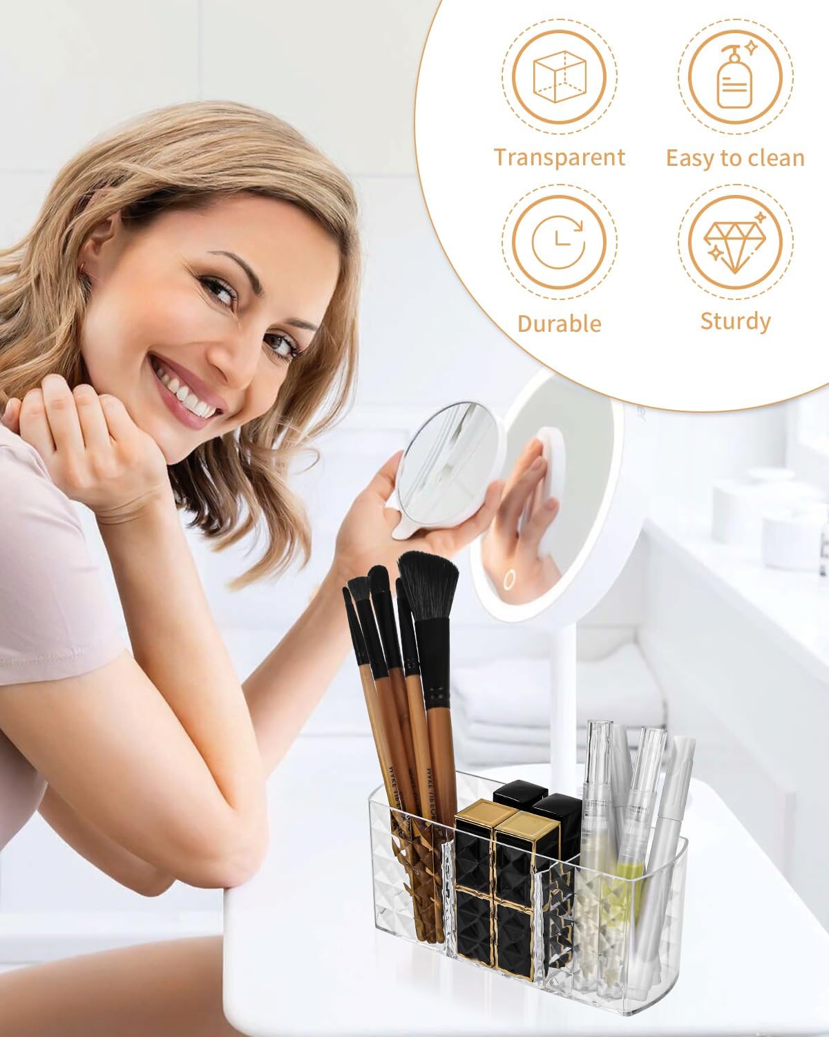 Acrylic 3-Part Diamond Cut Organizer – Multipurpose Makeup, Cosmetic & Desk Storage Holder