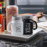 KITOME Salt and Pepper Shakers Set – Ceramic Spice Dispensers with Stainless Steel Lids & Handles, Black & White, 2-Piece Kitchen Dining Set