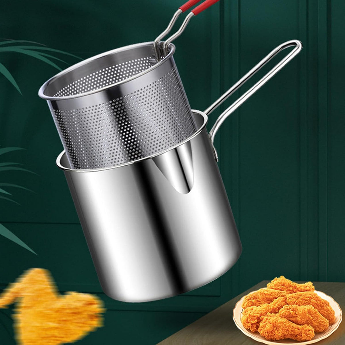 1200ml Stainless Steel Deep Frying Pot with Strainer Basket – Oil Fryer Pot for French Fries, Chicken & Tempura