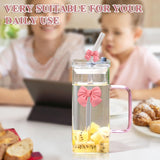 FUNKYFINDS Pink Cute Bow Square Glass Cup with Lid and Straw, Pink Glass Tumbler with Handle Bow Knot Transparent Drinking Glasses for Juice, Iced Coffee, Milk, and Tea Girl Birthday Gifts (Set of 1)