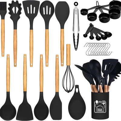 12 PCS Silicone Kitchen Utensil Set – Non-Stick Cooking Spoon Set with Wooden Handles & Utensil Holder