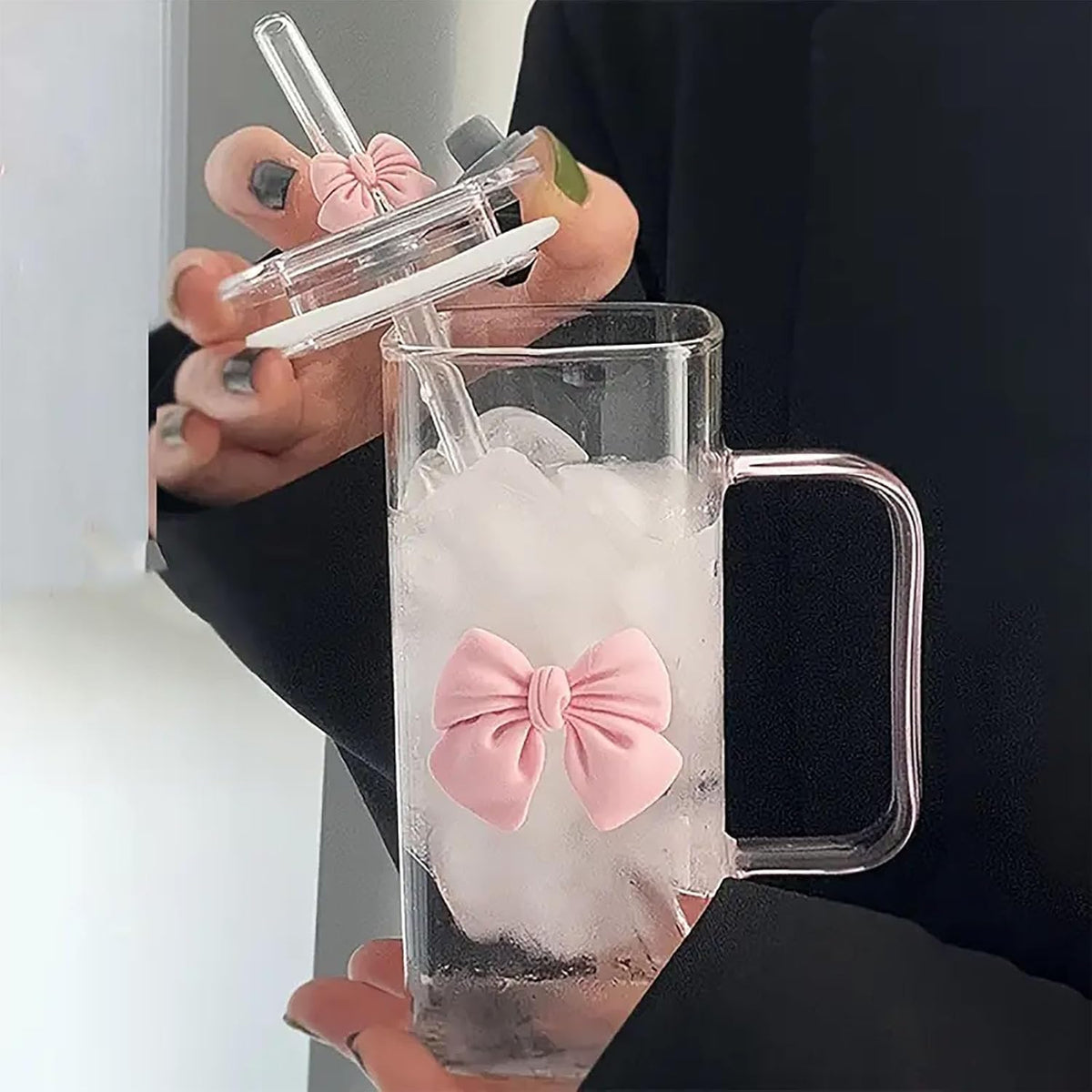FUNKYFINDS Pink Cute Bow Square Glass Cup with Lid and Straw, Pink Glass Tumbler with Handle Bow Knot Transparent Drinking Glasses for Juice, Iced Coffee, Milk, and Tea Girl Birthday Gifts (Set of 1)