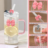 FUNKYFINDS Pink Cute Bow Square Glass Cup with Lid and Straw, Pink Glass Tumbler with Handle Bow Knot Transparent Drinking Glasses for Juice, Iced Coffee, Milk, and Tea Girl Birthday Gifts (Set of 1)