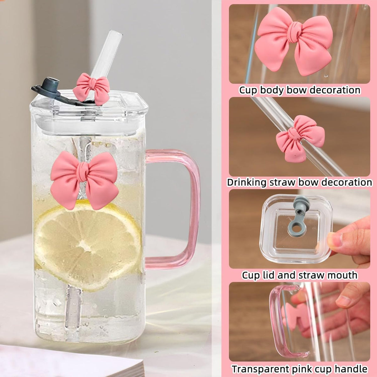 FUNKYFINDS Pink Cute Bow Square Glass Cup with Lid and Straw, Pink Glass Tumbler with Handle Bow Knot Transparent Drinking Glasses for Juice, Iced Coffee, Milk, and Tea Girl Birthday Gifts (Set of 1)