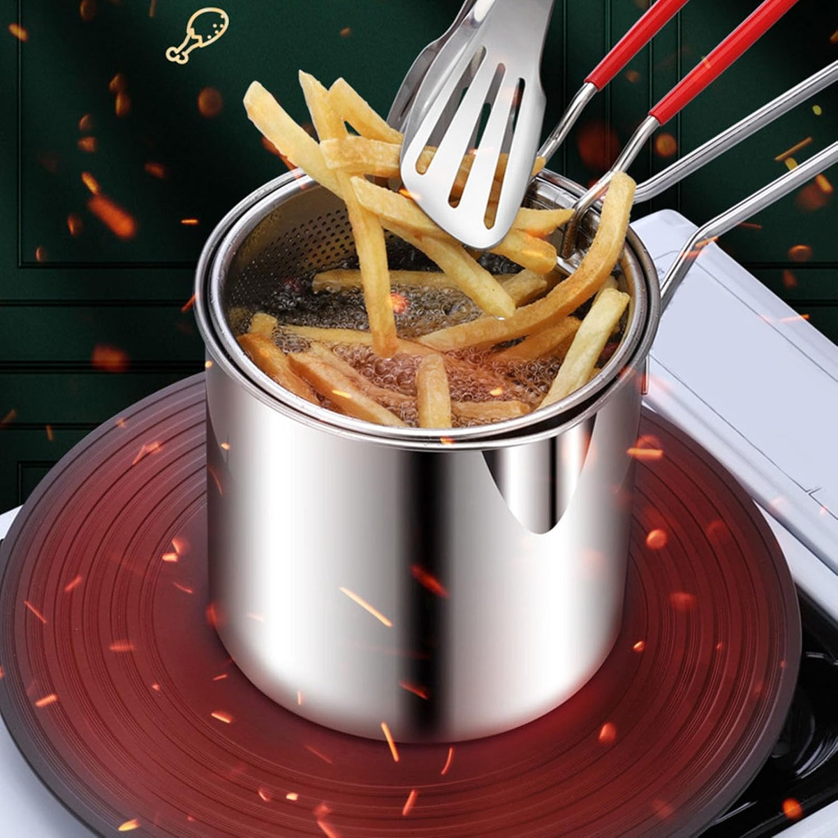 1200ml Stainless Steel Deep Frying Pot with Strainer Basket – Oil Fryer Pot for French Fries, Chicken & Tempura