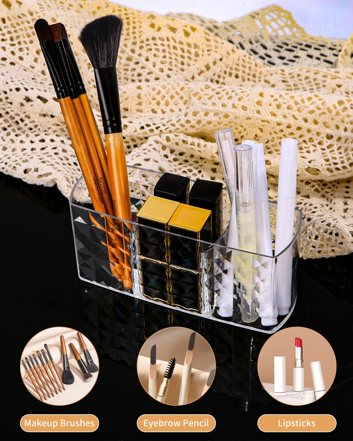 Acrylic 3-Part Diamond Cut Organizer – Multipurpose Makeup, Cosmetic & Desk Storage Holder