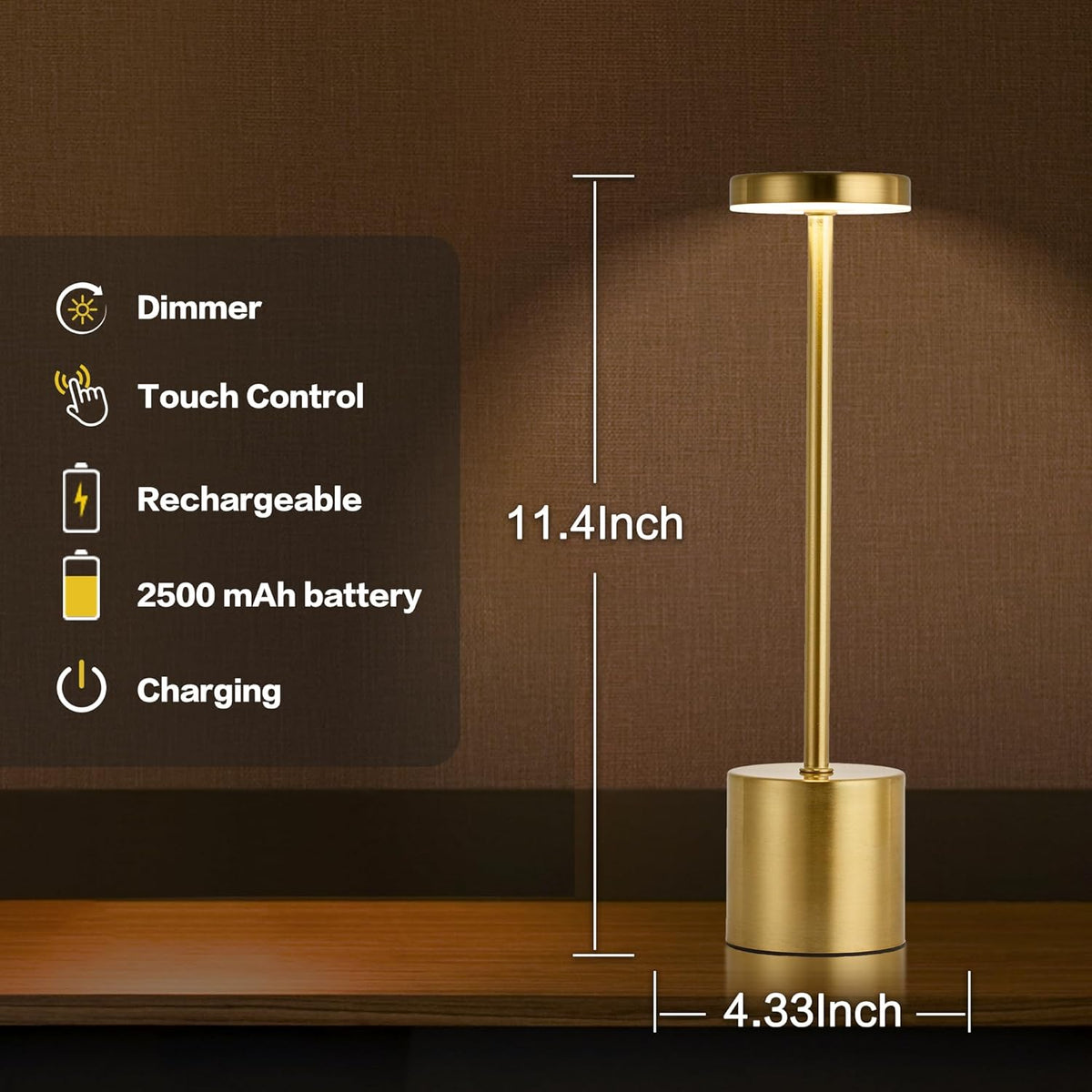 MASUPER Cordless LED Table Lamp – Rechargeable Portable Desk Lamp with 3 Color Stepless Dimming & USB-C Charging