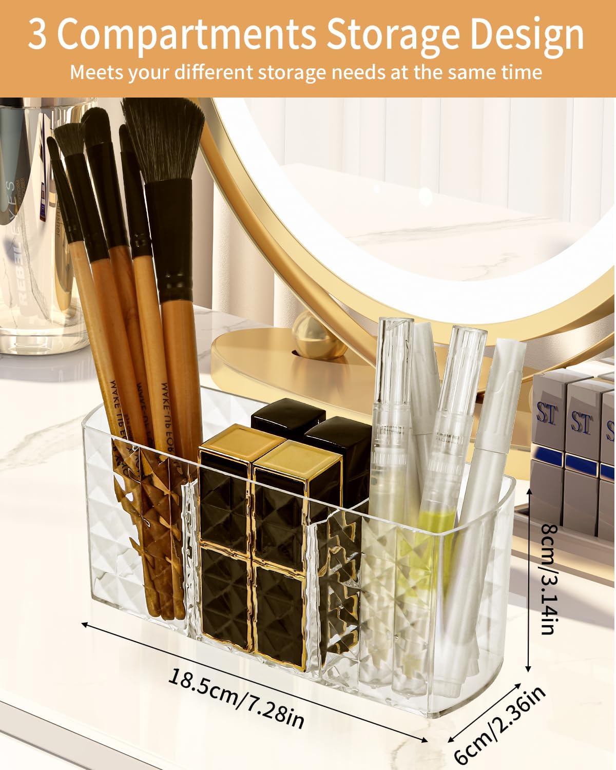 Acrylic 3-Part Diamond Cut Organizer – Multipurpose Makeup, Cosmetic & Desk Storage Holder