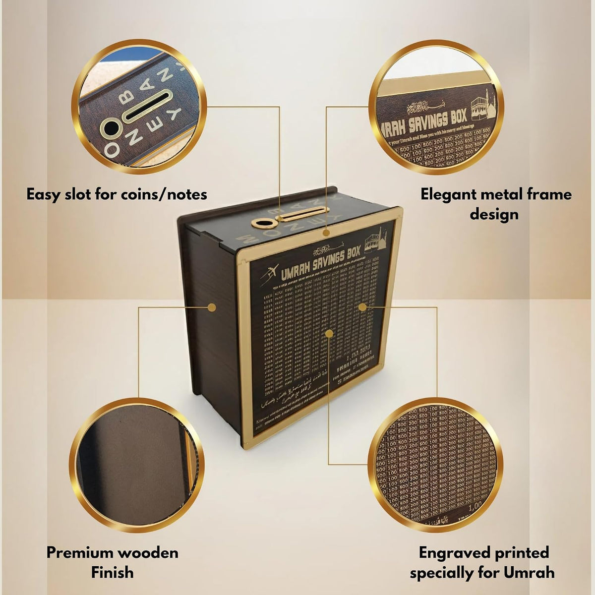 Wooden Umrah Saving Box – 280 Days Savings Plan | Islamic Halal Money Saving Box for Hajj & Umrah (Non-Assemble)