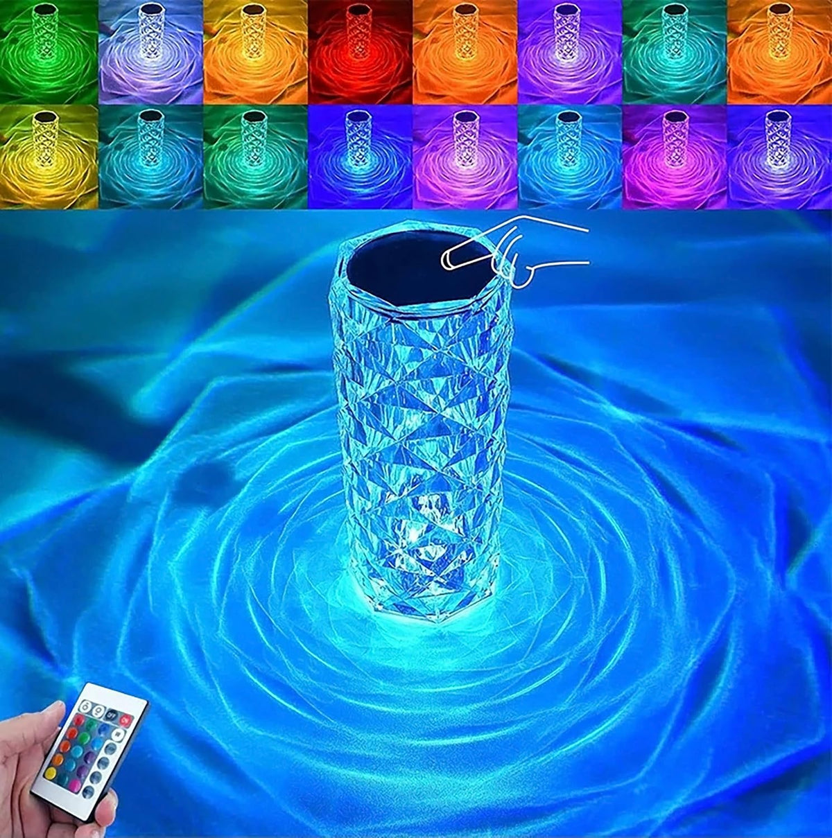 Rechargeable Rose Diamond Table Lamp – 16 RGB Color LED Crystal Lamp with Wireless Remote & Touch Control