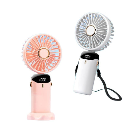 Handheld Mini Fan – Foldable Portable Neck Hanging Fan with 5 Speeds, USB Rechargeable, Display Screen & Phone Stand