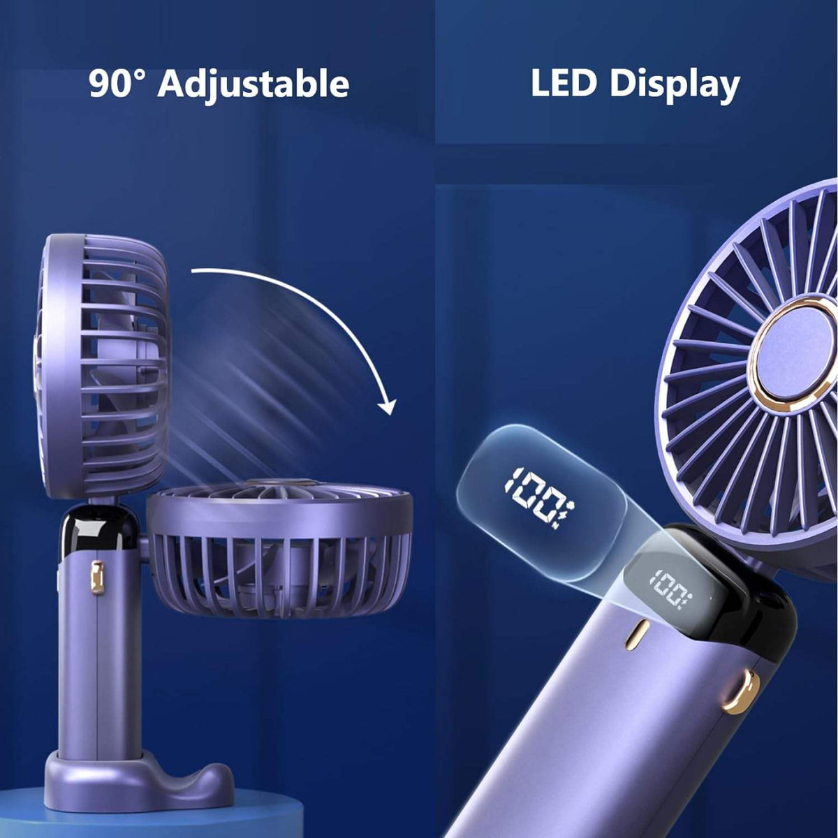 Handheld Mini Fan – Foldable Portable Neck Hanging Fan with 5 Speeds, USB Rechargeable, Display Screen & Phone Stand