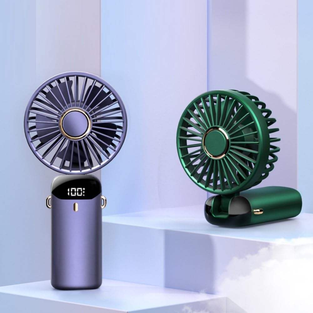 Handheld Mini Fan – Foldable Portable Neck Hanging Fan with 5 Speeds, USB Rechargeable, Display Screen & Phone Stand