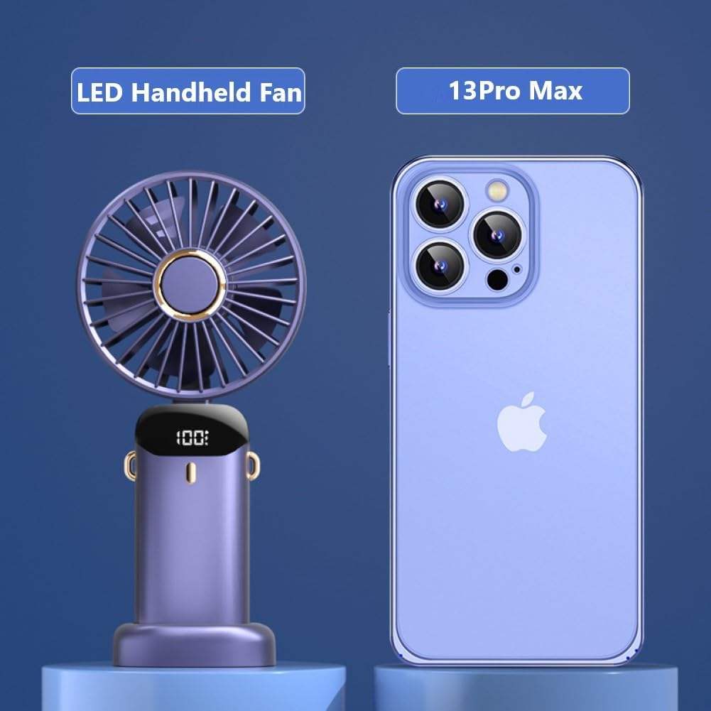 Handheld Mini Fan – Foldable Portable Neck Hanging Fan with 5 Speeds, USB Rechargeable, Display Screen & Phone Stand