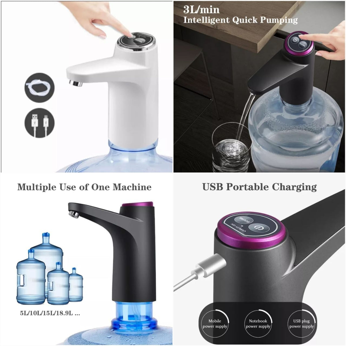 Touch Screen Automatic Rechargeable Water Pump – USB Electric Water Dispenser for 3, 4 & 5 Gallon Bottles