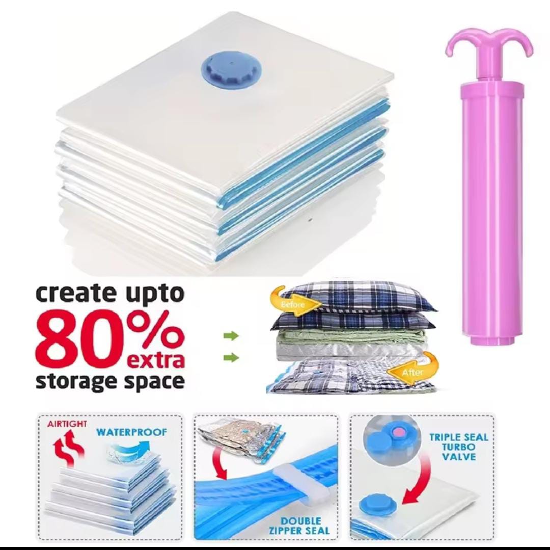 Vacuum Storage Bags Set – 5 Compression Bags with Manual Suction Pump for Clothes, Blankets & Bedding Space Saver