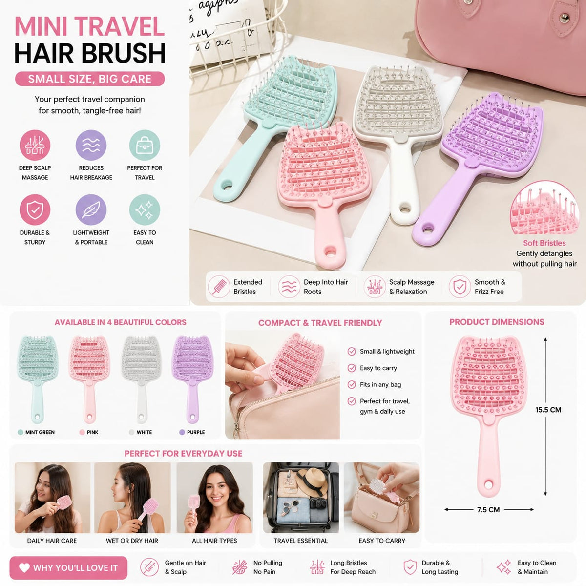 Fluffy Detangling Hair Brush – Anti-Tangle Scalp Massage Hair Brush for Wet & Dry Hair