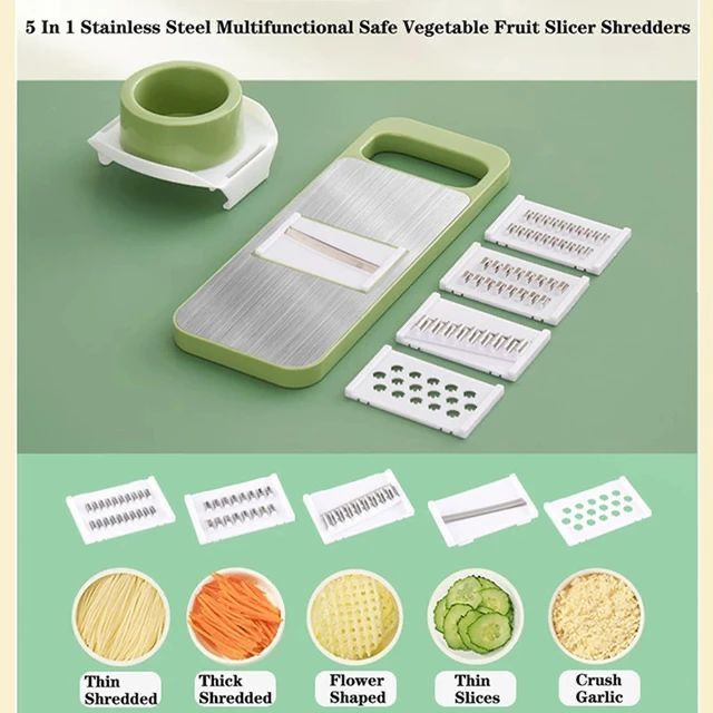 5-in-1 Manual Food Grater & Slicer – Multi-Function Vegetable & Fruit Cutter with Stainless Steel Blades