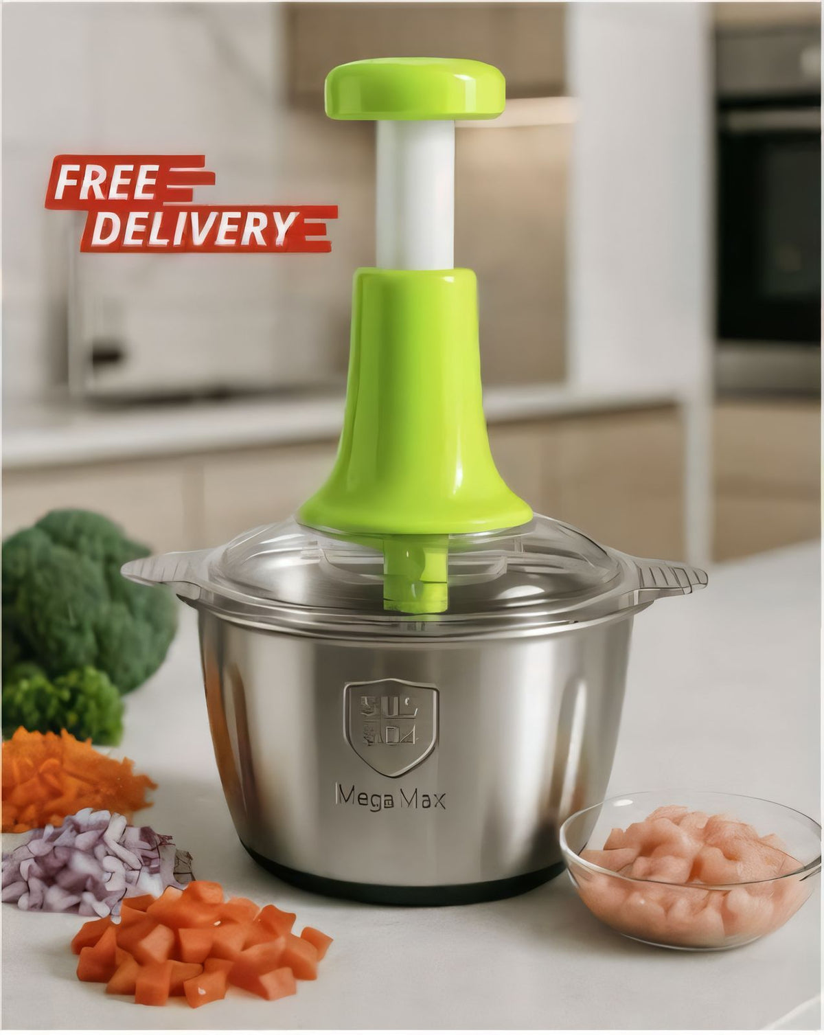 2.0L Premium Meat & Vegetable Push Chopper – 4 Stainless Steel Blades with Stainless Steel Bowl