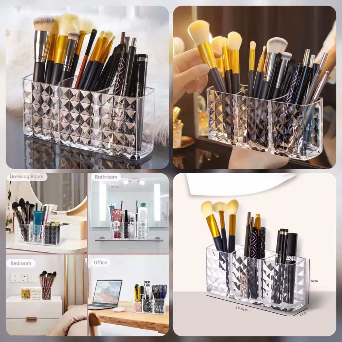 Acrylic 3-Part Diamond Cut Organizer – Multipurpose Makeup, Cosmetic & Desk Storage Holder