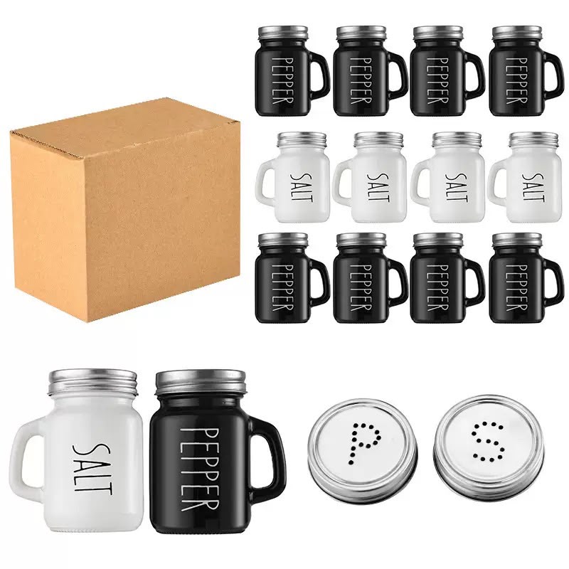 KITOME Salt and Pepper Shakers Set – Ceramic Spice Dispensers with Stainless Steel Lids & Handles, Black & White, 2-Piece Kitchen Dining Set