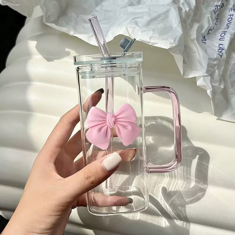 FUNKYFINDS Pink Cute Bow Square Glass Cup with Lid and Straw, Pink Glass Tumbler with Handle Bow Knot Transparent Drinking Glasses for Juice, Iced Coffee, Milk, and Tea Girl Birthday Gifts (Set of 1)