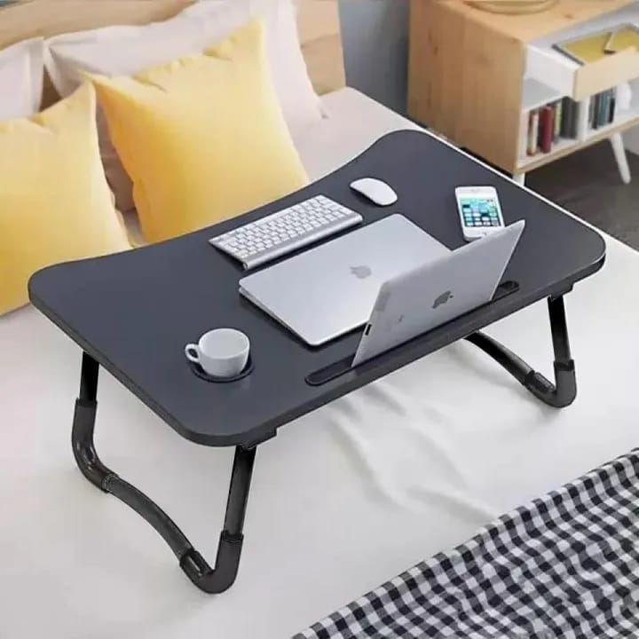 Folding Lap Desk, 23.6 Inch Wood Laptop Bed Desk with Cup Holder, Portable Bed Table for Working Writing Reading & Eating for Bed, Sofa, Couch, Floor - Black