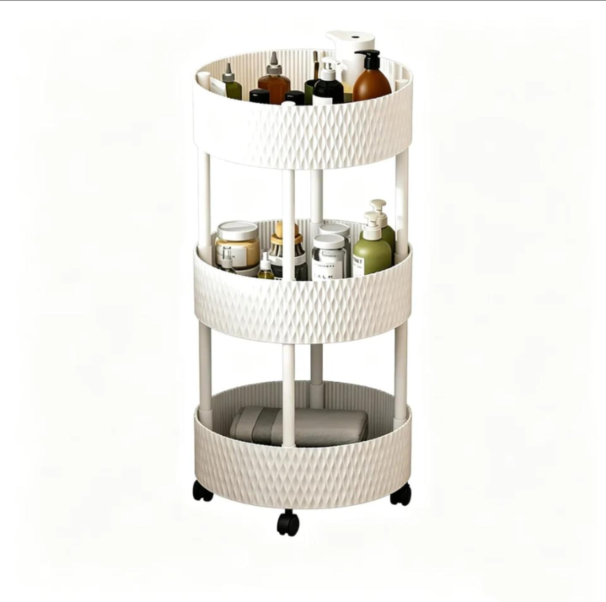 3-Layer Round Trolley Storage Cart with Wheels – Mobile Organizer Rack