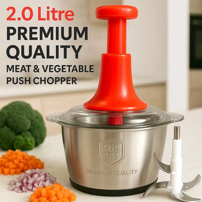 2.0L Premium Meat & Vegetable Push Chopper – 4 Stainless Steel Blades with Stainless Steel Bowl